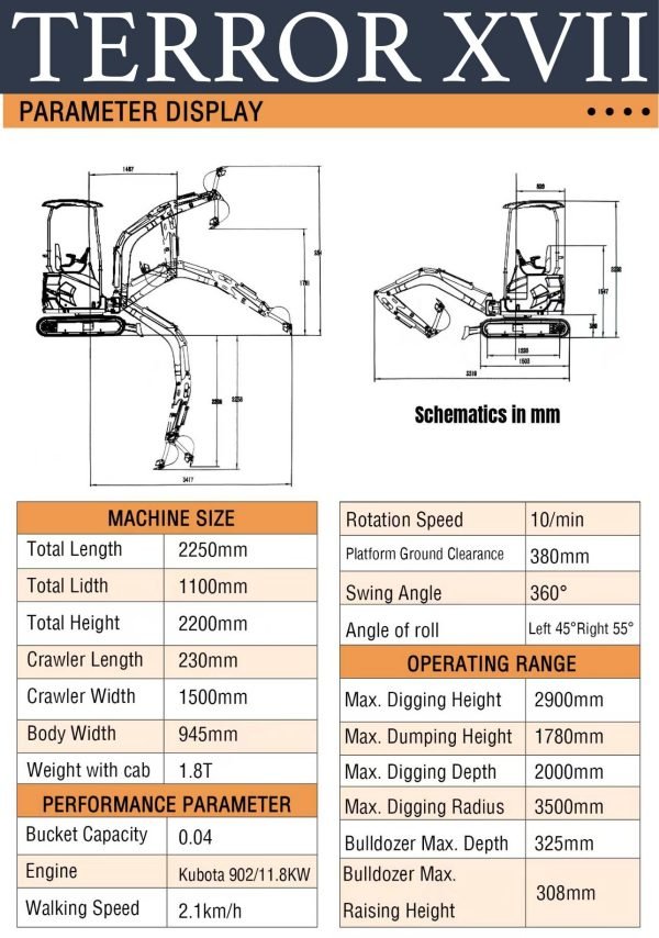 2025 4000 lb TYPHON TERROR XVII Cabin Mini Excavator Rubber Track with Kubota D902 Diesel Engine USA