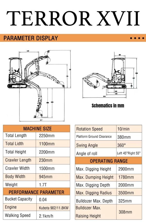 2025 3800 lb TYPHON TERROR XVII Mini Excavator Rubber Track with Kubota D902 Diesel Engine USA