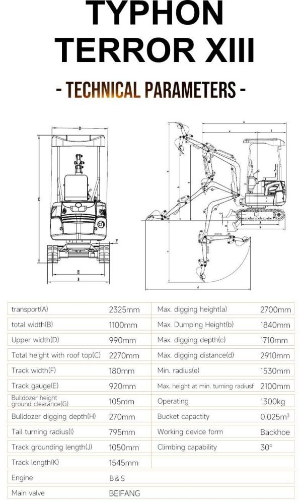 TYPHON TERROR XIII Mini Excavator – 1.3 Ton Trench Digger with Canopy, Hydraulic Thumb Clip, 13.5hp B&S Engine USA