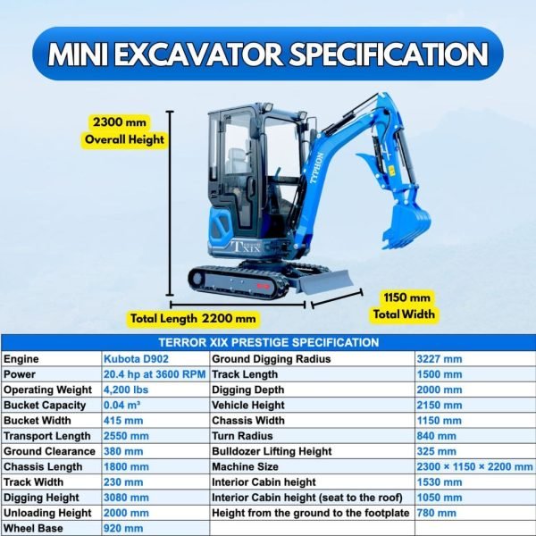 TYPHON TERROR XIX Prestige Cabin Mini Excavator 4200lbs 20.4 HP Kubota D902 with Boom Swing, Retractable Tracks