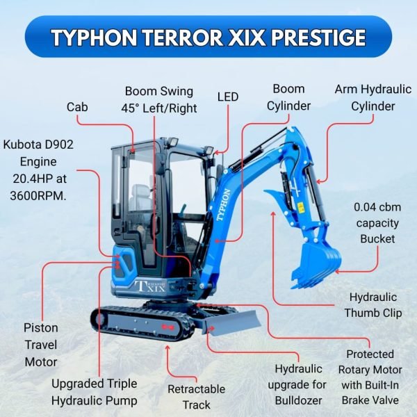 TYPHON TERROR XIX Prestige Cabin Mini Excavator 4200lbs 20.4 HP Kubota D902 with Boom Swing, Retractable Tracks