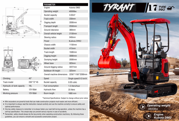 3800lbs TYRANT 17 Diesel Mini Excavator Kubota D902 Engine Side Swing w 12 attachments