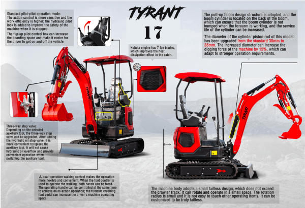3800lbs TYRANT 17 Diesel Mini Excavator Kubota D902 Engine Side Swing w 12 attachments