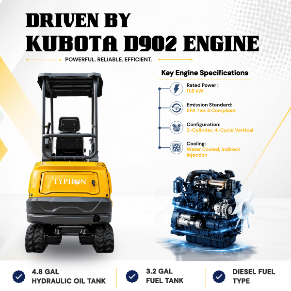 TYPHON TERROR XVII PRO 3800 lb Mini Excavator, Kubota D902 Diesel, Hydraulic Thumb, Pilot Controls, 14kN Dig Force