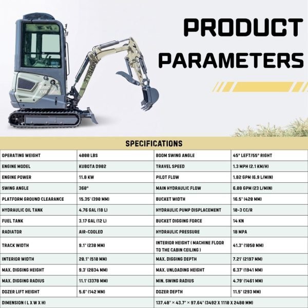 TYPHON TERROR XVII PRO Prestige 4,000 lb Mini Excavator with Kubota D902 Diesel Engine, Boom Swing, A/C & Heater