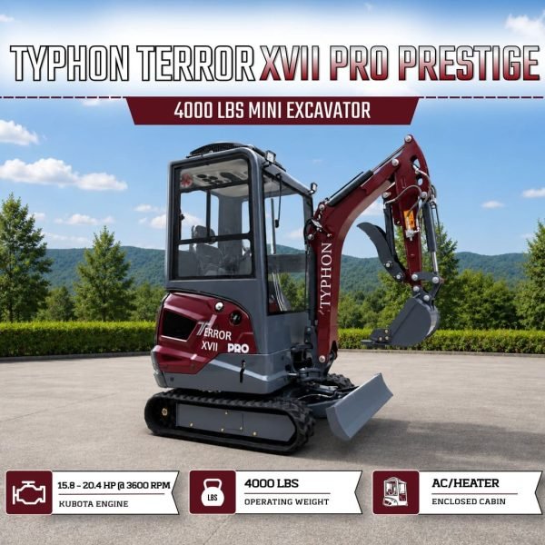 TYPHON TERROR XVII PRO Prestige Edition 4000 lb Enclosed Mini Excavator with Kubota Power & Advanced Hydraulics