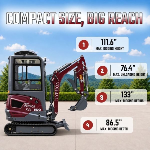 TYPHON TERROR XVII PRO Prestige Edition 4000 lb Enclosed Mini Excavator with Kubota Power & Advanced Hydraulics