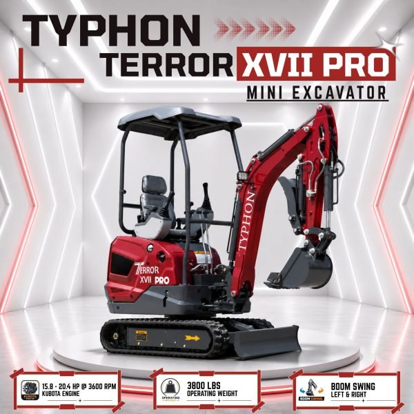 TYPHON TERROR XVII PRO 3800 lbs Mini Excavator Kubota Diesel, Hydraulic Thumb, Dozer Blade & Boom Swing