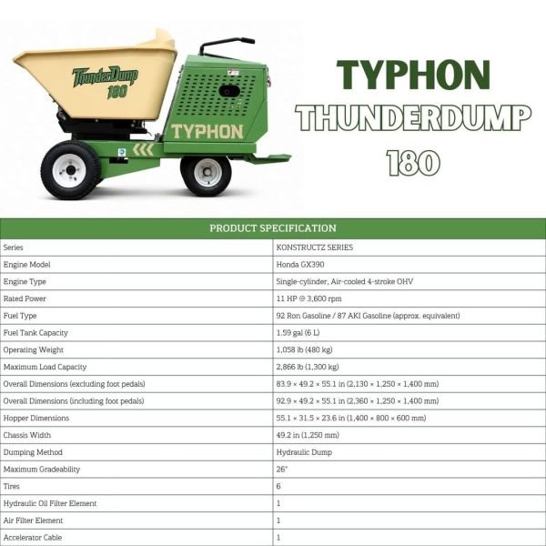 TYPHON THUNDERDUMP 180 Wheeled Dumper Konstructz Series Honda GX390 11 HP 2,866 lb Capacity