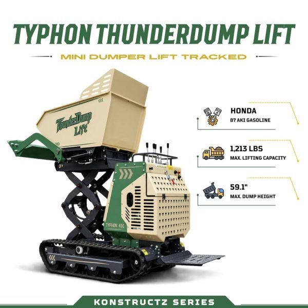 TYPHON ThunderDump Lift KONSTRUCTZ Series Tracked Dumper, 2,205 lb Load Capacity Honda GX390 11HP Gas Engine,