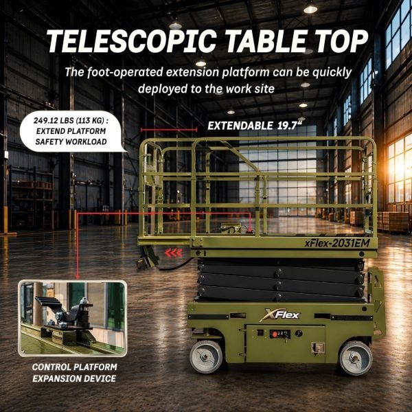 TYPHON xFLEX-2031EM 1.2 Ton Electric Mini Scissor Lift with 20ft Max Platform Height and 19.7" Platform Extend