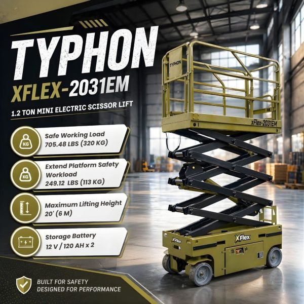 TYPHON xFLEX-2031EM 1.2 Ton Electric Mini Scissor Lift with 20ft Max Platform Height and 19.7" Platform Extend