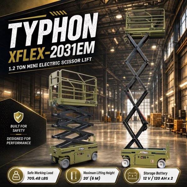TYPHON xFLEX-2031EM 1.2 Ton Electric Mini Scissor Lift with 20ft Max Platform Height and 19.7" Platform Extend