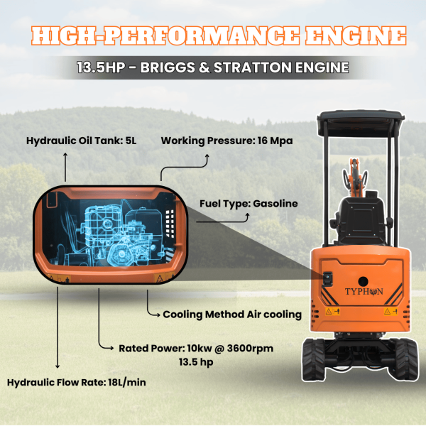 Typhon Tyrant X 1 Ton Mini Excavator with 13.5HP Briggs & Stratton Engine, Hydraulic Oil Cooler & Thumb Clip